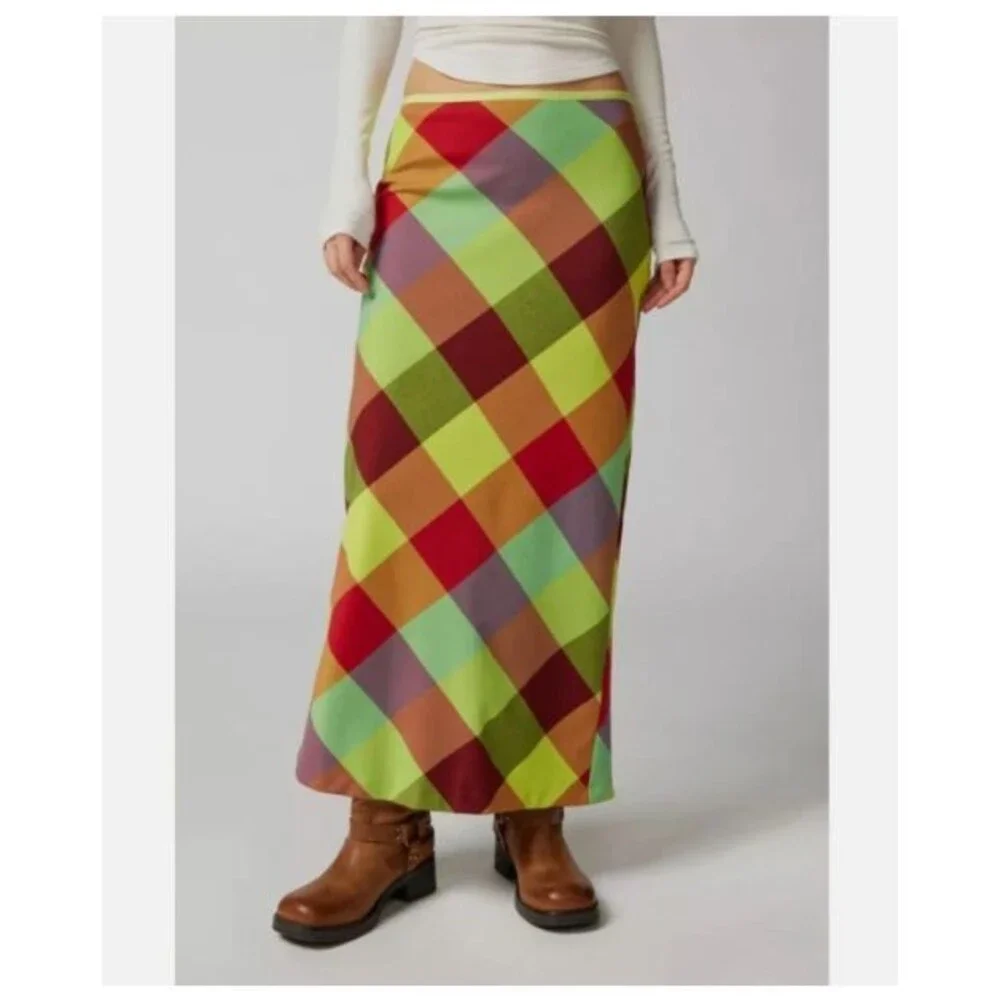 Urban Outfitters Janelle Plaid Skirt Maxi Long, Multicolor 2-way stretch XS NWT